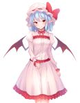  bangs bat_wings blue_hair blush bow breasts center_frills commentary dress eyebrows_visible_through_hair feet_out_of_frame frilled_dress frilled_sleeves frills hair_between_eyes hat hat_bow head_tilt juliet_sleeves junior27016 long_sleeves looking_at_viewer medium_breasts mob_cap neck_ribbon pointy_ears puffy_sleeves red_bow red_eyes red_neckwear red_ribbon remilia_scarlet ribbon short_hair simple_background smile solo standing touhou white_background white_dress white_hat wings 