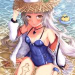  :o afloat ankle_ribbon arm_up azur_lane bangs bare_legs bare_shoulders barefoot bird blue_swimsuit blunt_bangs blush breasts breasts_apart brown_eyes buranketo_2 casual_one-piece_swimsuit chicken collarbone commentary_request cross cross_necklace eyebrows_visible_through_hair from_above grey_hair hand_on_headwear hat highres innertube iron_cross jacket jewelry long_hair long_sleeves looking_up mole mole_under_eye necklace off_shoulder one-piece_swimsuit open_clothes open_jacket outdoors parted_lips pendant ribbon shallow_water shiny shiny_hair sitting small_breasts solo straight_hair straw_hat sunglasses swimsuit tattoo very_long_hair wariza water white_jacket z46_(azur_lane) 