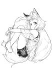 ahoge animal_ear_fluff animal_ears bangs bare_shoulders barefoot bike_shorts commentary_request crossed_ankles fingernails fox_ears fox_girl fox_girl_(jaco) fox_tail from_side full_body greyscale jaco large_tail leg_hug looking_at_viewer looking_to_the_side monochrome off-shoulder_shirt original see-through shirt short_hair short_shorts shorts simple_background sketch solo tail tail_hug thick_eyebrows white_background 