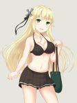  :d aurora_(f10)_(azur_lane) azur_lane bad_id bad_pixiv_id bag bare_arms bare_shoulders bikini_top black_bikini_top black_skirt blonde_hair blush breasts cleavage collarbone commentary_request cowboy_shot green_eyes grey_background hair_ornament hand_up harusaki_(harusaki0719) head_tilt long_hair looking_at_viewer medium_breasts o-ring o-ring_bikini o-ring_top open_mouth pleated_skirt shoulder_bag sidelocks simple_background skirt smile solo standing very_long_hair 