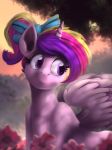  2018 absurd_res alternate_hairstyle blackligerth equine eyebrows eyelashes feathered_wings feathers female feral flower friendship_is_magic hair hair_bow hair_ribbon hi_res horn mammal multicolored_hair my_little_pony nude outside pink_feathers plant ponytail portrait princess_cadance_(mlp) purple_eyes ribbons short_hair signature smile solo tree winged_unicorn wings 
