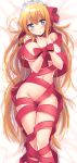  1girl absurdres bangs blonde_hair blue_eyes blush breasts cleavage gift_wrapping hair_between_eyes highres hoshina_meito large_breasts long_hair navel pecorine princess_connect! princess_connect!_re:dive solo tiara very_long_hair 