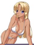  :o angela_carat arm_support bangs bikini blonde_hair blue_eyes blush breasts cleavage collarbone cowboy_shot dark_skin eyelashes highres large_breasts leaning_forward leaning_to_the_side long_hair looking_at_viewer navel open_mouth ozaneko skindentation solo standing swimsuit tag_force thigh_gap thighs white_bikini yuu-gi-ou yuu-gi-ou_tag_force 