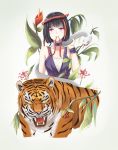  bang_dream! black_hair cherry choker commentary_request dress flower food fruit highres mitake_ran multicolored_hair purple_choker purple_dress purple_eyes purple_wristband red_eyes red_hair red_ribbon ribbon rol_(wengmengdi) short_hair snake spider_lily streaked_hair teeth_hold tiger upper_body white_snake wristband yellow_eyes 