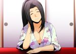  1girl black_hair breast_rest breasts cleavage closed_mouth eyes_closed fatal_fury gureko_rouman happy head_rest head_tilt high_ponytail highres indoors japanese_clothes kimono large_breasts long_hair ponytail shiranui_mai sitting sleeves_rolled_up smile snk solo table the_king_of_fighters upper_body 
