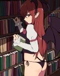  alternate_eye_color armband ass back black_panties black_vest blurry blurry_background book bookshelf bow bowtie breasts butt_crack commentary_request demon_girl demon_tail demon_wings error fang_out from_side hair_between_eyes head_wings highres holding holding_book indoors juliet_sleeves koakuma light long_hair long_sleeves looking_at_viewer looking_to_the_side maroon_neckwear marsen medium_breasts no_pants panties pointy_ears profile puffy_sleeves red_bow red_eyes red_hair red_neckwear reflective_eyes shiny shiny_hair shirt side-tie_panties solo standing string_panties tail thighs touhou underwear vest white_shirt wings 