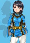  1girl belt black_hair blue_boots blue_eyes blue_skirt bodysuit boots breasts eyebrows full_body gloves highres legs looking_at_viewer mahou_sentai_magiranger matching_hair/eyes medium_breasts ozu_urara parted_lips posing sakuradou shiny shiny_hair simple_background skirt smile solo standing super_sentai thighs white_gloves 