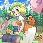  :d :o animal animal_on_back bag bel_(pokemon) blonde_hair blue_sky breasts cloud day drum_(container) eye_contact fence flying gen_5_pokemon grass green_eyes green_hat handbag hat leaning_forward lillipup looking_at_another looking_back munna musharna open_mouth outdoors pansage pidove pokemoa pokemon pokemon_(creature) pokemon_(game) pokemon_bw puffy_short_sleeves puffy_sleeves purrloin revision rock short_sleeves skirt sky smile tepig tree white_wristband wristband 