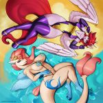 2018 anthro armwear bikini blue_eyes breasts clothed clothing digital_media_(artwork) duo equine fan_character feathered_wings feathers female hair horn legwear looking_at_viewer mammal my_little_pony navel pink_hair purple_eyes red_hair sea_pony sling_bikini swimsuit thigh_highs url winged_unicorn wings zwitterkitsune 