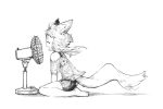  ahoge animal_ear_fluff animal_ears barefoot bike_shorts closed_eyes electric_fan fan_speaking fox_ears fox_girl_(jaco) fox_tail from_side full_body greyscale jaco long_hair monochrome open_mouth original see-through shirt short_hair_with_long_locks shorts sidelocks simple_background sitting solo tail wariza wet wet_clothes wet_shirt white_background 