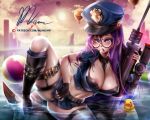  1girl blush breasts caitlyn_(league_of_legends) glasses gun league_of_legends long_hair mumeaw nipples police police_uniform policewoman purple_hair rifle shy signature spread_legs uniform weapon 