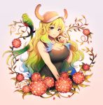  baseball_cap bird blonde_hair blue_hair breasts cleavage floral_background flower gradient_hair green_eyes green_hair hat heterochromia horns kobayashi-san_chi_no_maidragon large_breasts longestdistance messy_hair multicolored multicolored_eyes multicolored_hair quetzalcoatl_(maidragon) red_eyes smile tank_top 