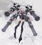  black_panties breasts cancell cleavage closed_mouth garter_straps gatling_gun halterneck high_heels highres looking_at_viewer mecha_musume original panties science_fiction silver_eyes silver_hair small_breasts solo thighhighs twintails underwear 