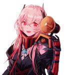  :d bangs black_coat black_jumpsuit blush coat dinergate_(girls_frontline) gas_mask girls_frontline gloves hair_between_eyes hand_up headgear long_hair looking_at_viewer m4_sopmod_ii_(girls_frontline) megaphone mod3_(girls_frontline) multicolored_hair open_clothes open_coat open_mouth pink_hair prosthesis prosthetic_arm red_eyes red_hair ro635_(dinergate) short_jumpsuit sidelocks silence_girl simple_background sleeveless_jumpsuit smile solo spoilers streaked_hair upper_body white_background 