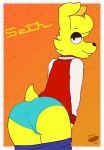  2018 anthro bedroom_eyes butt clothing digital_media_(artwork) fur green_eyes half-closed_eyes jacket lagomorph looking_back male mammal panties presenting presenting_hindquarters rabbit seductive simple_background smile solo standing underwear undressing wiener-fag yellow_fur 