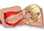  :o angela_carat arm_behind_head arm_support bangs blonde_hair blue_eyes breasts cleavage colored_eyelashes commentary_request cross-laced_clothes dark_skin dress eyelashes highres large_breasts long_hair looking_at_viewer lying no_bra on_side open_mouth ozaneko red_dress shadow simple_background sleeveless sleeveless_dress solo tag_force upper_body white_background yuu-gi-ou yuu-gi-ou_tag_force 