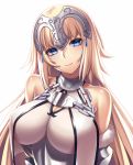  bangs bare_shoulders blonde_hair blue_eyes breasts chain cleavage closed_mouth eyebrows_visible_through_hair eyes_visible_through_hair fate/grand_order fate_(series) head_tilt headpiece highres jeanne_d'arc_(fate) jeanne_d'arc_(fate)_(all) large_breasts long_hair looking_at_viewer simple_background smile solo straight_hair takanashi-a very_long_hair white_background 