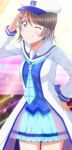  anchor_symbol bangs birthday blue_eyes blue_neckwear blue_skirt commentary_request earrings grey_hair hand_on_hip hat jacket jewelry kazuma_(theworld000021) long_jacket long_sleeves looking_at_viewer love_live! love_live!_sunshine!! mirai_no_bokura_wa_shitteru_yo neckerchief plaid_neckwear pleated_skirt sailor_hat saitou_shuka salute seiyuu_connection short_hair sidelocks skirt solo swept_bangs watanabe_you white_jacket 