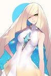  ban blonde_hair blunt_ends breasts commentary_request dress gradient_dress green_eyes hair_over_one_eye highres jewelry long_hair lusamine_(pokemon) parted_lips pokemon pokemon_(game) pokemon_sm see-through sleeveless sleeveless_dress small_breasts solo starry_sky_print white_dress 