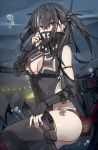  air_bubble azur_lane bangs bare_shoulders black_hair black_legwear black_swimsuit breasts bridal_gauntlets bubble center_opening cleavage covered_mouth earrings eyebrows_visible_through_hair eyes_visible_through_hair fingernails groin hair_between_eyes hand_up iron_cross jewelry long_hair looking_at_viewer medium_breasts multicolored_hair one-piece_swimsuit one_side_up outdoors red_eyes shirotae_moyashi sidelocks silver_hair solo streaked_hair swimsuit thighhighs u-47_(azur_lane) underwater water 