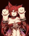  ;d animal_ears artist_name bare_shoulders breasts cerberus_(shingeki_no_bahamut) cleavage commentary dog_ears english_commentary eyebrows_visible_through_hair fang hair_between_eyes hand_puppet hands_up large_breasts long_hair looking_at_viewer navel one_eye_closed open_mouth puppet red_eyes red_hair shingeki_no_bahamut smile solo stomach terupancake twintails twitter_username 