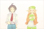  1girl ahoge bel_(pokemon) black_hair blonde_hair canari cheren_(pokemon) closed_eyes commentary_request glasses green_hat hat medium_hair open_mouth pants pokemon pokemon_(game) pokemon_bw2 smile 