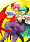  2girls ass bangs bare_shoulders black_boots boots breasts bridal_gauntlets cleavage closed_mouth demon_girl demon_wings fur_trim gauntlets gradient gradient_background green_eyes green_hair gureko_rouman hair_between_eyes happy head_wings heart heart_cutout heart_hands highres large_breasts leg_up legs leotard lilith_aensland long_hair looking_at_viewer matching_hair/eyes morrigan_aensland multiple_girls one_eye_closed open_mouth pantyhose pink_hair red_boots red_eyes short_hair simple_background small_breasts smile standing strapless succubus thighs vampire_(game) very_long_hair wings wink yellow_background 