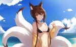  animal_ears bare_shoulders beach bikini breasts brown_hair cleavage day fox_ears fox_girl fox_tail girls_frontline highres jacket jewelry looking_at_viewer multiple_tails necklace off_shoulder red_eyes short_hair sidelocks smile solo swimsuit tail type_79_(girls_frontline) xiaobai_(cheng_pan) 