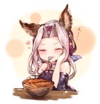  animal_ears bare_shoulders blush bowl cat_ears closed_mouth eating erune food food_on_face granblue_fantasy hand_on_own_cheek heart highres long_hair looking_at_viewer rice rice_on_face scathacha_(granblue_fantasy) silver_hair simple_background smile spoon sukemyon 