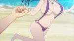  1boy 1girl animated animated_gif beach bikini blue_hair bouncing_breasts breasts hand_holding huge_breasts jewelry light_smile looking_at_viewer maken-ki! maken-ki!_two necklace nijou_aki ocean ooyama_takeru open_mouth pov pov_eye_contact purple_eyes running screencap shore slingshot_swimsuit sunlight swimsuit takami_akio xebec 