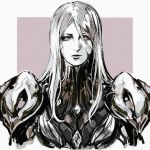  armor bodysuit commentary english_commentary greyscale khora_(warframe) long_hair looking_at_viewer monochrome nvalkyrja shoulder_armor sidelocks solo standing warframe 