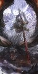  armor attack chain closed_eyes crystal gauntlets glowing highres holding holding_sword holding_weapon horns huge_weapon long_sword looking_at_another midair monster_hunter monster_hunter:_world nergigante nergigante_(armor) open_mouth scar scar_across_eye sharp_teeth sheath spikes stu_dts sword teeth weapon 