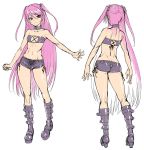  1girl ass bare_legs bare_shoulders boots breasts butt_crack character_sheet collar curvy demon_girl felicia_(taimanin_kurenai) female full_body gluteal_fold lilith-soft long_hair looking_at_viewer multiple_views partially_visible_vulva pink_hair pointy_ears red_eyes shiny shiny_skin simple_background small_breasts smile solo standing taimanin_(series) taimanin_asagi_battle_arena taimanin_kurenai thighs twintails very_long_hair white_background zol 
