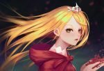  absurdres angelia bangs black_background blonde_hair green_eyes hand_up highres hood hood_down long_hair parted_bangs parted_lips penkake petals red_hood sdorica_-sunset- solo tiara upper_body 