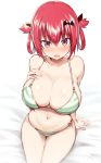  1girl :o absurdres arm_support bangs bare_arms bare_shoulders bat_hair_ornament bed_sheet bikini blush breasts cleavage collarbone fang gabriel_dropout greatmosu green_bikini hair_between_eyes hair_ornament hair_rings highres kurumizawa_satanichia_mcdowell large_breasts looking_at_viewer navel nose_blush open_mouth perspective purple_eyes red_hair short_hair side-tie_bikini sidelocks sitting solo stomach striped striped_bikini swimsuit thighs white_background 