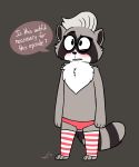  2018 anthro blush bulge clothing dialogue english_text eyewear glasses hi_res male mammal procyonid raccoon slimykappa solo text 