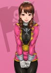  1girl ahim_de_famille belt bodysuit boots breasts brown_eyes brown_hair drill_hair eyebrows full_body gloves helmet highres kaizoku_sentai_gokaiger legs looking_at_viewer matching_hair/eyes medium_breasts parted_lips pink_skirt posing sakuradou shiny shiny_hair simple_background skirt smile solo standing super_sentai thighs white_gloves 