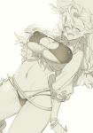  almeida_(granblue_fantasy) bikini breasts closed_eyes commentary_request covered_nipples crop_top granblue_fantasy happy hat jpeg_artifacts koza_game large_breasts long_hair monochrome navel open_mouth simple_background solo sun_hat swimsuit tan white_background 