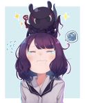  blush casual closed_eyes contemporary eyebrows_visible_through_hair fate/grand_order fate_(series) flying_sweatdrops hair_ornament hairclip hood hoodie katsushika_hokusai_(fate/grand_order) medium_hair octopus outside_border purple_hair simple_background solo sparkle spoken_squiggle squiggle tearing_up tokitarou_(fate/grand_order) totatokeke upper_body wavy_mouth 