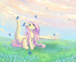  2018 arthropod butterfly cloud cute cutie_mark detailed_background equine eyebrows eyelashes feathered_wings feathers female feral field floppy_ears flower fluttershy_(mlp) friendship_is_magic grass hair hi_res hooves insect long_hair looking_up mammal my_little_pony nude outside peachmayflower pegasus pink_hair plant portrait redraw signature sitting sky smile solo teal_eyes wings yellow_feathers 