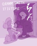  2018 clothed clothing cutie_mark death_(personification) door dstears duo english_text equine female feral friendship_is_magic granny_smith_(mlp) grim_reaper hair holding_object horse lightning mammal melee_weapon monochrome my_little_pony polearm pony raining scared scythe sitting text weapon 