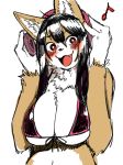  anthro big_breasts black_hair bra breasts brown_fur canine cleavage clothed clothing digital_media_(artwork) fangs female fluffy fur hair headphones hi_res inner_ear_fluff long_hair looking_at_viewer mammal multicolored_fur musical_note navel red_eyes simple_background smile solo toco_(artist) two_tone_fur underwear white_background white_fur 