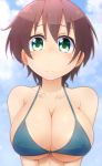  arms_at_sides bare_arms bikini blue_bikini blue_sky blush breasts brown_hair cleavage closed_mouth cloud collarbone commentary_request covered_nipples day doria_(5073726) green_eyes large_breasts looking_at_viewer new_game! revision shinoda_hajime short_hair sky solo sweat swimsuit swimwear upper_body 