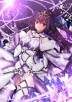  blush bow breasts closed_mouth commentary cowboy_shot crystal dress fate/grand_order fate_(series) hair_bow highres holding holding_wand long_hair looking_at_viewer medium_breasts purple purple_bow purple_dress purple_hair purple_legwear red_eyes scathach_(fate)_(all) scathach_skadi_(fate/grand_order) smile solo thighhighs wand yuzushiro zettai_ryouiki 