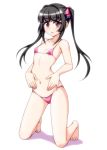  bangs bare_shoulders bikini black_hair blush breasts eyebrows_visible_through_hair hair_ribbon hands_on_stomach kneeling long_hair looking_at_viewer navel open_mouth pink_bikini pink_eyes ribbon senki_zesshou_symphogear small_breasts solo swimsuit tsukuyomi_shirabe twintails white_background zetsumu 