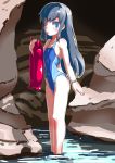  asashio_(kantai_collection) black_hair blue_eyes blue_swimsuit competition_swimsuit covered_navel enemy_lifebuoy_(kantai_collection) flat_chest highres kantai_collection long_hair looking_at_viewer one-piece_swimsuit rock solo standing sukiyo swimsuit water 