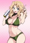  :d bikini blonde_hair blue_eyes blush breasts commentary_request eyebrows_visible_through_hair girls_und_panzer green_bikini highres index_finger_raised kay_(girls_und_panzer) large_breasts looking_at_viewer nakahira_guy navel o-ring o-ring_bikini open_mouth pink_background polka_dot polka_dot_background short_hair smile solo swimsuit 