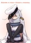  black_legwear blue_eyes blush closed_mouth cyrillic epaulettes eyebrows_visible_through_hair gradient gradient_background hat hibiki_(kantai_collection) highres kantai_collection kuuru_(kuuru-n) military military_hat military_jacket military_uniform miniskirt naval_uniform peaked_cap pillow pillow_hug silver_hair sitting skirt solo thighhighs uniform 