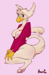  2015 anthro areola avian barefoot beak blue_sclera bottomless breasts clothed clothing exposed_breasts falcon_mccooper feathers female gryphon hair hindpaw hoodie hoot_(character) looking_at_viewer nipples paws pink_background simple_background sitting smile solo white_feathers white_hair white_wings wings 