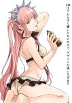  :d ass bangs bare_arms bare_legs bare_shoulders barefoot bikini breasts commentary_request eyebrows_visible_through_hair fate/grand_order fate_(series) head_tilt highres holding holding_hair long_hair looking_at_viewer medb_(fate)_(all) medb_(swimsuit_saber)_(fate) medium_breasts open_mouth pink_hair shimo_(s_kaminaka) smile solo straight_hair swimsuit tiara very_long_hair water white_background white_bikini yellow_eyes 